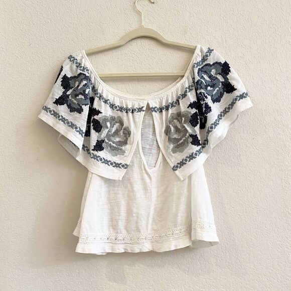 Free People To The Left Blouse Off Shoulder Ruffle Embroidered Ivory Blue Sz XS - Picture 10 of 12
